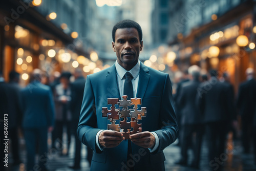 Businessman hands connecting couple puzzle piece, Man holding jigsaw with building and city background. Business solutions, target, success, goals and strategy concept. 
