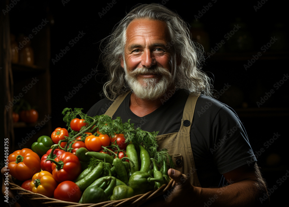 Happy farmer man holding basket of fresh vegetables and smiling. Happy farmer man holding basket of fresh vegetables and smiling.