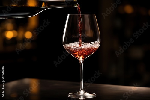 Pouring red wine into glass isolated on dark background. Wineglasses. Romantic drink for party, wine shop or wine tasting concept with copy space