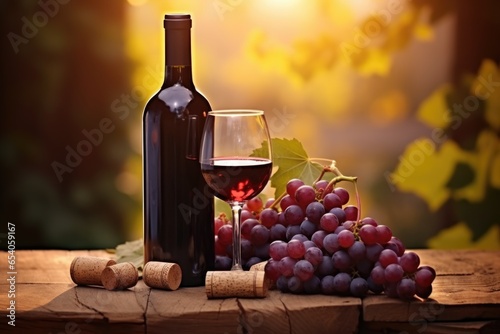 Glass of fresh chilled ice red or rose wine with grapes and bottle on a sunny background. Italy during a autumn sunset. Drink for party, wine shop or wine tasting concept with copy space