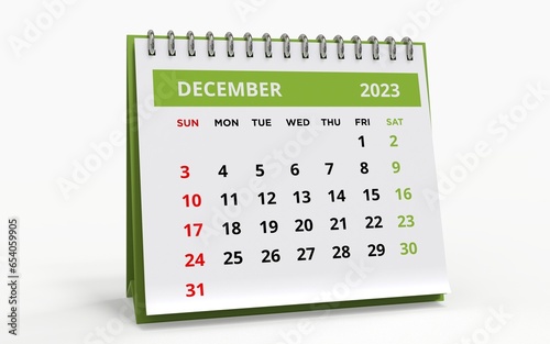 Standing Desk Calendar December 2023. Business monthly calendar with metal spiral-bound, the week starts on Sunday. Monthly Pages on a white base and green title, isolated on white background, 3d rend