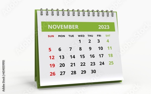 Standing Desk Calendar November 2023. Business monthly calendar with metal spiral-bound, the week starts on Sunday. Monthly Pages on a white base and green title, isolated on white background, 3d rend