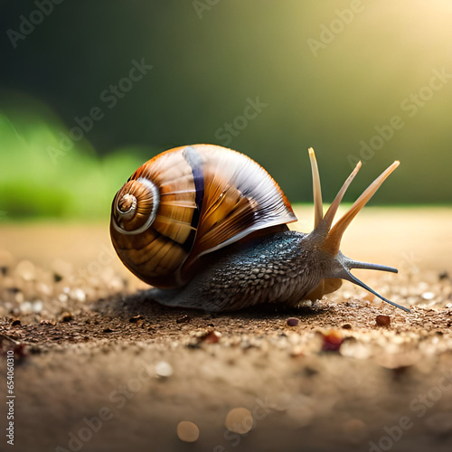 Big snail crowls to the grass with drops of dew in the summer forest. Closeup of a garden snail in shell crowling on the dirt road to the grass in sunlight