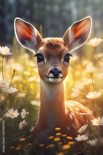 Portrait of a young deer in a meadow with flowers. © vachom