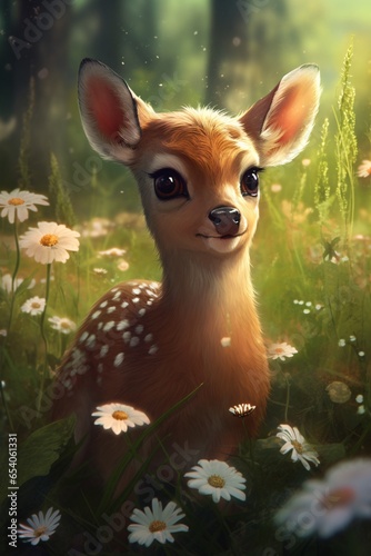 Cute little fawn with flowers in the meadow, digital painting © vachom
