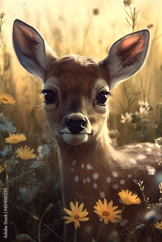 Fawn in the meadow with daisies. Vintage style.