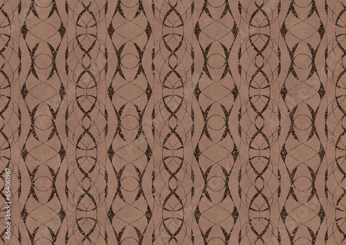 Hand-drawn unique abstract symmetrical seamless ornament. Brown on a light brown background. Paper texture. Digital artwork, A4. (pattern: p10-3c)