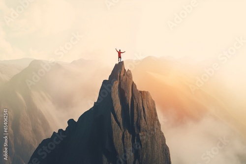 Silhouette of a man standing on top of a mountain. Goal achievement © vachom