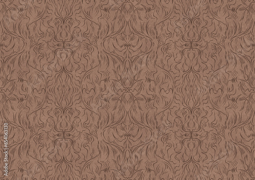 Hand-drawn unique abstract symmetrical seamless ornament. Brown on a light brown background. Paper texture. Digital artwork, A4. (pattern: p11-1b)