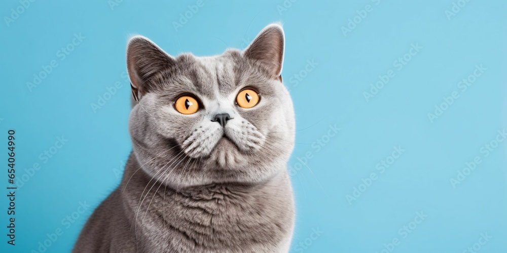 Portrait of a Silver British Shorthair Cat Isolated on Blue Background