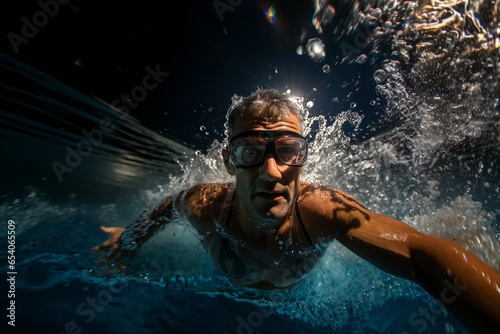 Portrait of a handsome young man in a swimming pool. Male swimmer in goggles and cap swimming in pool with splashes of water. 
