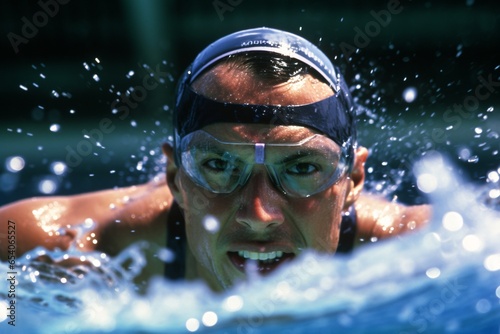 Portrait of a man swimming in the pool. Swimming concept. Male swimmer swimming in pool with splashes of water.