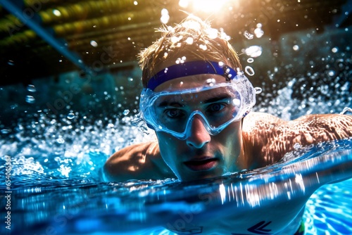 Portrait of a handsome young man in a swimming pool. Male swimmer in goggles and cap swimming in pool with splashes of water.  © vachom