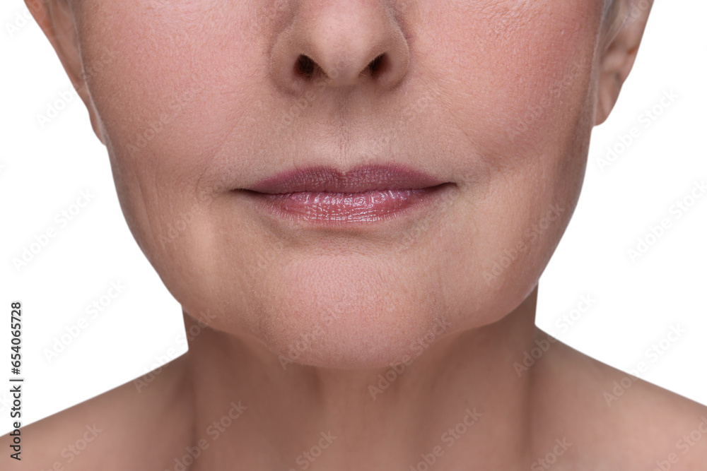 Obraz premium Senior woman with aging skin on white background, closeup. Rejuvenation treatment