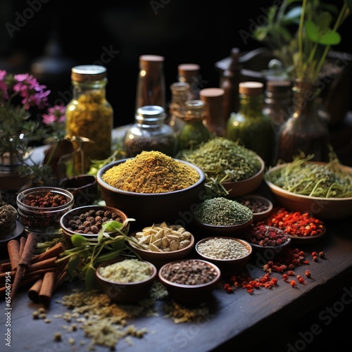 Herbal organic medicines from plant extracts of ginger, turmeric, galangal etc. to heal traditionally. Great for nutrition, immune, business, herbal companies, health blogs etc. Image of generative Ai