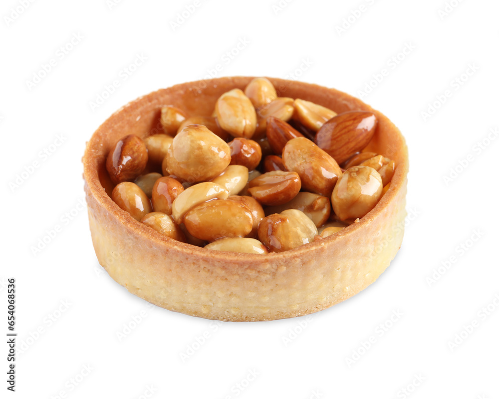 Tartlet with caramelized nuts isolated on white. Tasty dessert Tartlet with caramelized nuts isolated on white. Tasty dessert