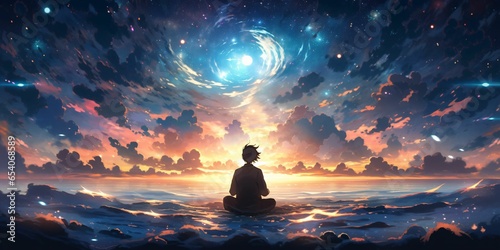 Silhouette Of Man Doing Meditation In Ocean With Beautiful View Of Starry Sky In Anime Style © Resdika