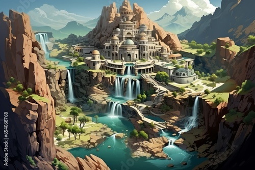 城と滝の風景,Generative AI AI画像