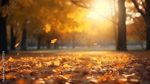 Beautiful autumn background with yellow and orange trees and sun. Colourful foliage in a park. Falling leaves natural background