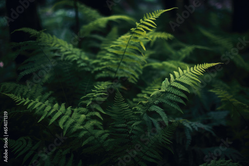 A beautiful fern tree in the dark damp rainforest of New Zealand  or Norway  or Argentina     close up cinematic grainy photography style