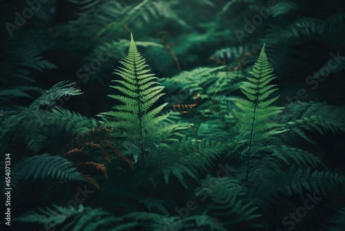 A beautiful fern tree in the dark damp rainforest of New Zealand, or Norway, or Argentina — close up cinematic grainy photography style