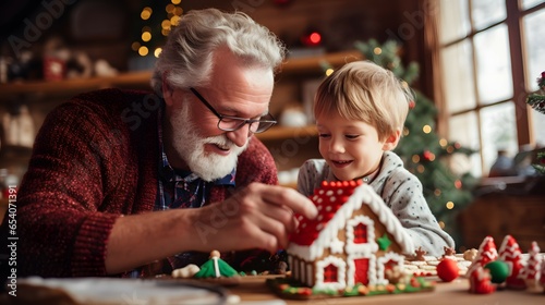 grandparent and grandchild decorating gingerbread house
