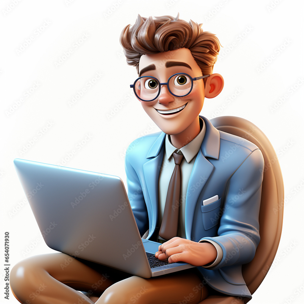 a happy 3d cartoon man using laptop siting on transparent white background a happy 3d cartoon man using laptop siting on transparent white background