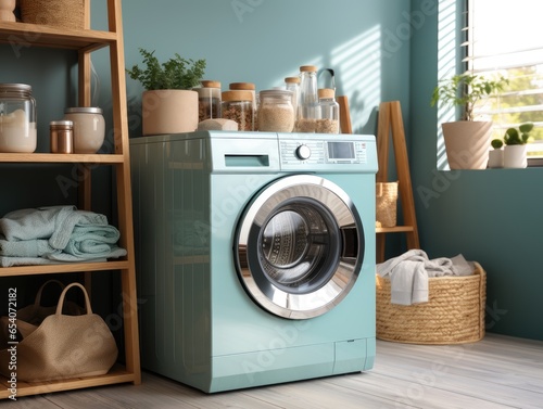 modern washing machine in tosca color theme in laundry room