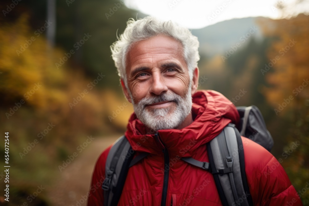 Smiling portrait of a happy senior caucasian man hiking in a national park