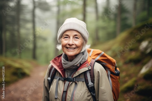 Smiling happy senior woman hiking in a national park © Geber86