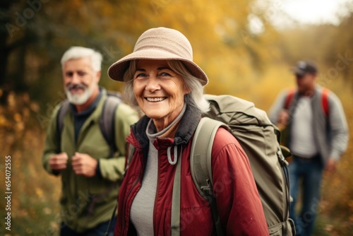 Diverse group of senior friends hiking together in a national park