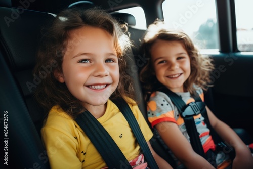 Two young sisters riding in the backseat of a car