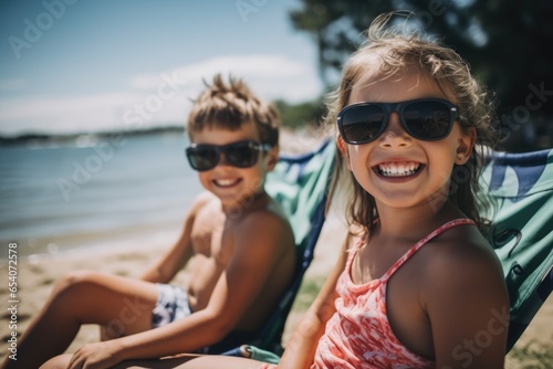 Young brother and sister sitting on a sandy beach smiling while wearing sunglasses