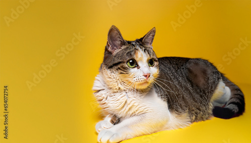 Cute cat on the left on a yellow background © masantocreative