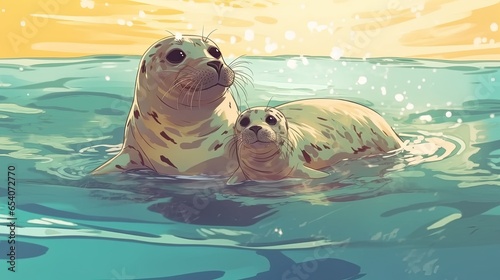 Playful seals splashing in the water. Fantasy concept   Illustration painting.