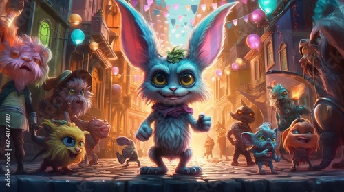 Playful little gremlins causing mayhem in a magical town. Fantasy concept , Illustration painting. photo