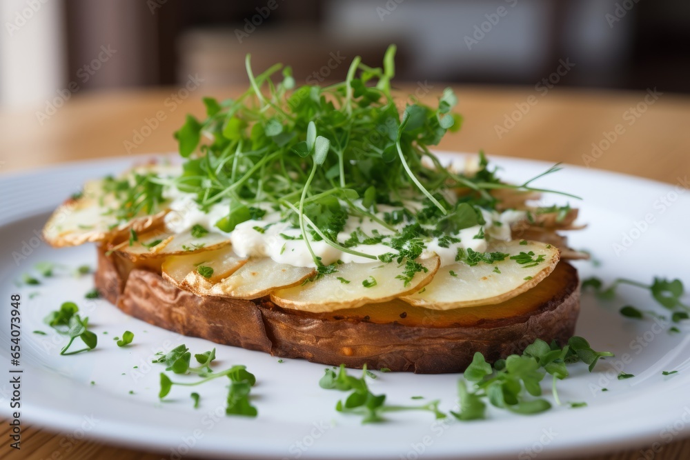 delectable flavors of Danish gastronomy with a tantalizing close-up of Kartoffelmad, a traditional Danish dish - a mouthwatering potato sandwich showcasing the rich culinary heritage