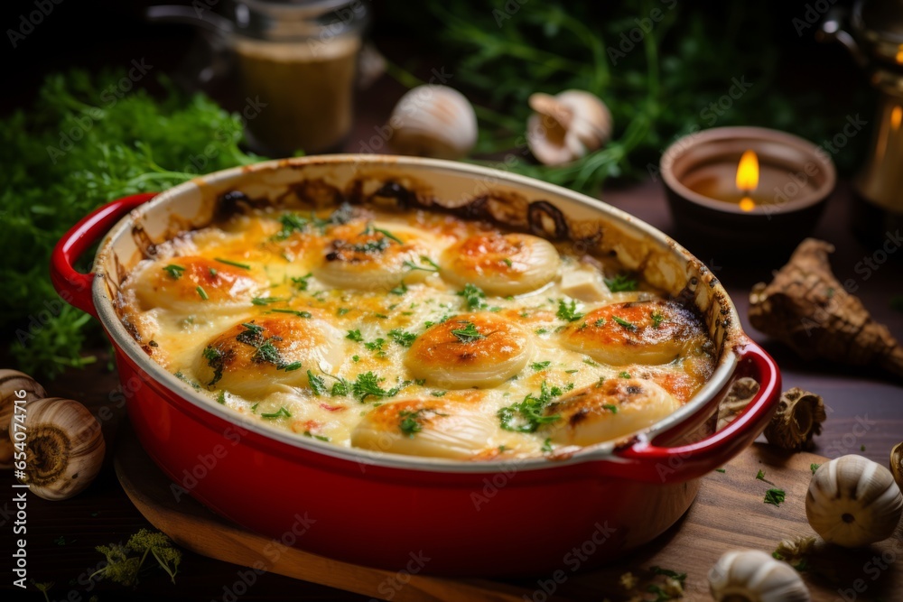 Savory Decadence of a Captivating French Gratin de Fruits de Mer: A Mouthwatering Visual Feast for Seafood Lovers Savory Decadence of a Captivating French Gratin de Fruits de Mer: A Mouthwatering Visual Feast for Seafood Lovers