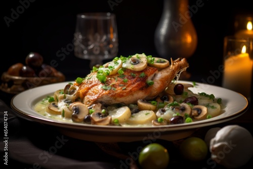 Richness of French Fricassee de Volaille: A Mouthwatering Visual Feast of Exquisite Poultry, Captured through Savory Food Photography