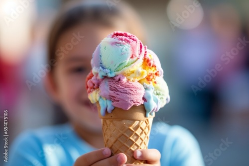 Photo of a happy little girl enjoying a delicious rainbow coloured ice cream cone created with Generative AI technology