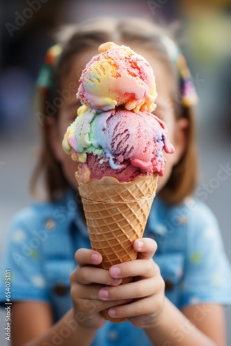 Photo of a happy little girl enjoying a delicious rainbow coloured ice cream cone created with Generative AI technology