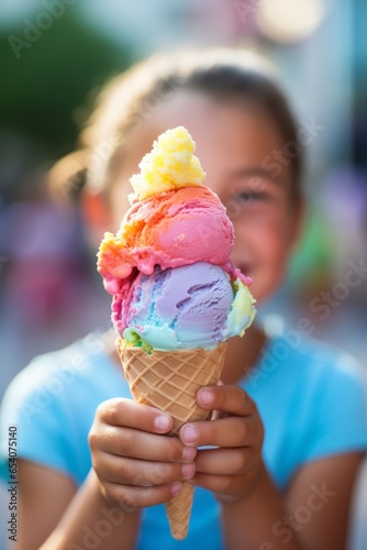 Photo of a happy little girl enjoying a delicious rainbow coloured ice cream cone created with Generative AI technology