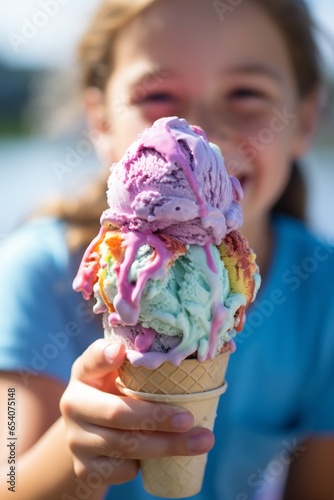 Photo of a happy little girl enjoying a delicious rainbow coloured ice cream cone created with Generative AI technology