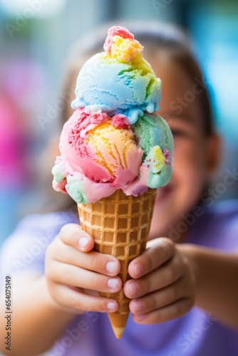 Photo of a happy little girl enjoying a delicious rainbow coloured ice cream cone created with Generative AI technology