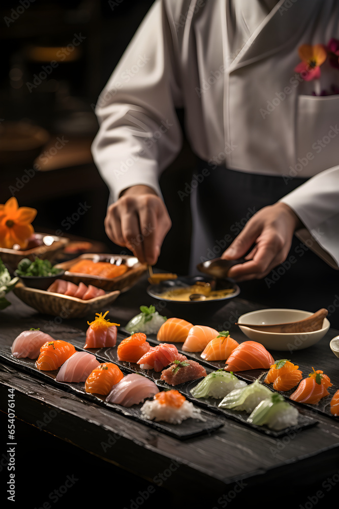 A sushi chef's skillful hand, carefully arranges an exquisite omakase sushi platter with an array of perfectly sliced fish and delicately formed sushi, showcased against a sushi bar background.