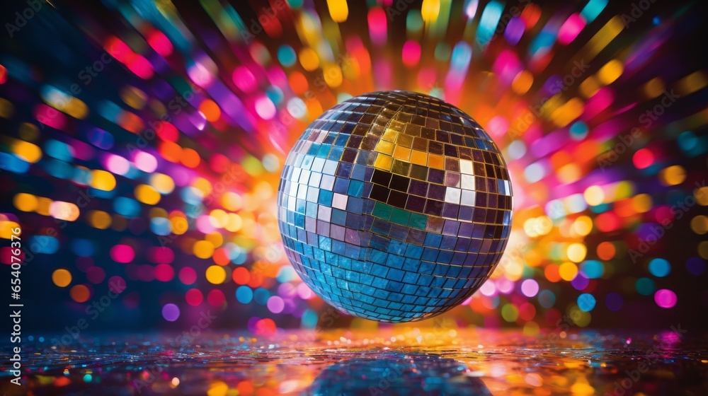 Obraz premium disco ball sphere with colorful disco lights at a party. abstract wallpaper background. 16:9, 4k. Generative AI