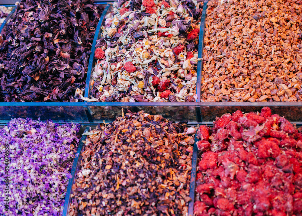Dried tea,  fruits, herbs, flowers  at Istanbul Spice Bazaar