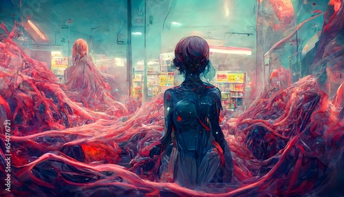 in the grimcore future convenience store the biomorph worm bishoujo arterial humanoid in a dirty clear plastic cloak cinematic dark sci fi washed out colors manga illustration 8k golden ratio  photo