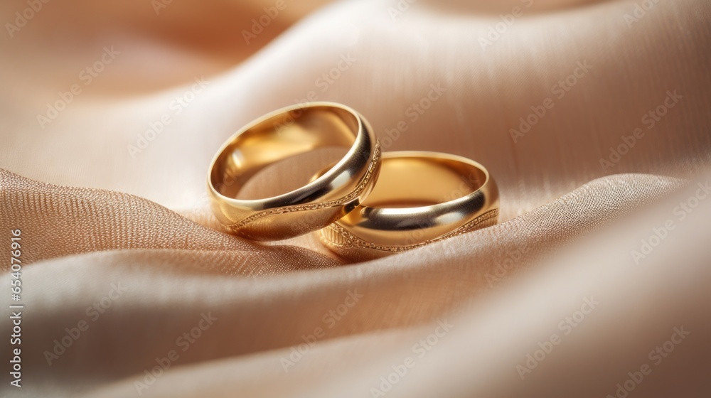 Close up wedding rings on beige silk Close up wedding rings on beige silk