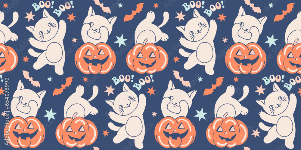 Fun Halloween seamless wallpaper. Naughty cats and pumpkins. Day of the Dead concept. Tile Feline backdrop for Halloween wrapping paper or fabric. Adorable kittens on spooky fall themed background. Fun Halloween seamless wallpaper. Naughty cats and pumpkins. Day of the Dead concept. Tile Feline backdrop for Halloween wrapping paper or fabric. Adorable kittens on spooky fall themed background.